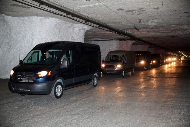 The Transit vans leave the Subtropolis underground industrial park in Kansas City. Photo by David Freers/Ford Motor Company.