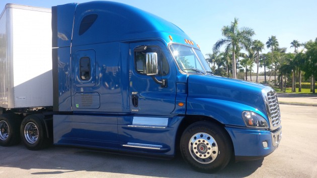 A 2015 Freightliner Cascadia Evolution with Detroit Assurance.
