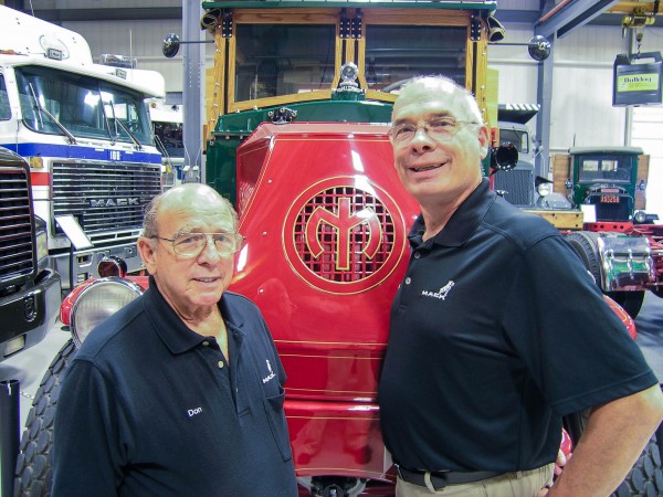Mack Trucks Historical Museum Curator Don Schumaker (left) recently received the Historian of the Industry Award from the American Truck Historical Society for his diligent pursuit of the history of the trucking industry. Schumaker will retire at the end of 2015, with Michael Kitsock (right) assuming the role of museum curator.