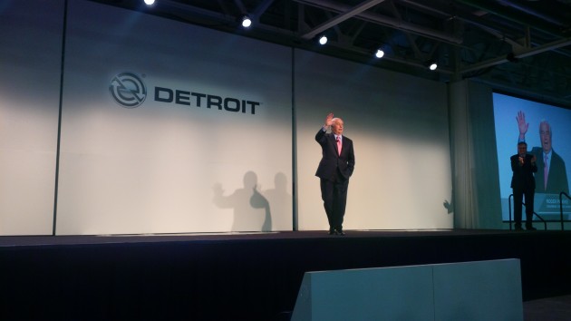 Roger Penske received a hero's welcome when introduced at the Detroit plant inauguration.