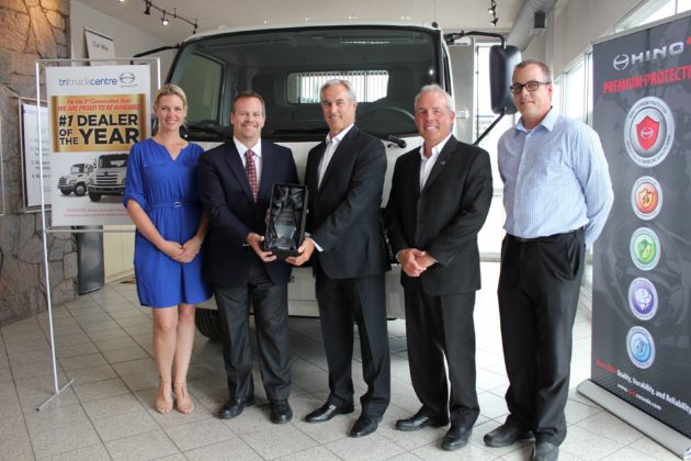 Hino Canada recently announced the top honour award to John Esplen, dealer principal and Rick Howitt, general manager at the Tri-Truck Centre dealership. From left to right: Jennifer Fitzsimmons, director of people and culture (Humberview Group), Eric Smith, senior v.p., sales and customer support (HMC), John Esplen, dealer principal (Tri Truck Centre), Rick Howitt, general manager (Tri Truck Centre), Kevin James Reason, central region sales manager (HMC).