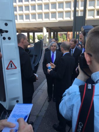 US Secretary of Energy Ernest Moniz checks out Volvo's SuperTruck.
