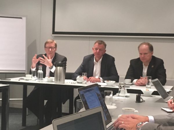 Navistar CEO Troy Clarke (left), Volkswagen Truck & Bus head Andreas Renschler (middle) and Navistar CFO Walter Borst met with the truck press at IAA.